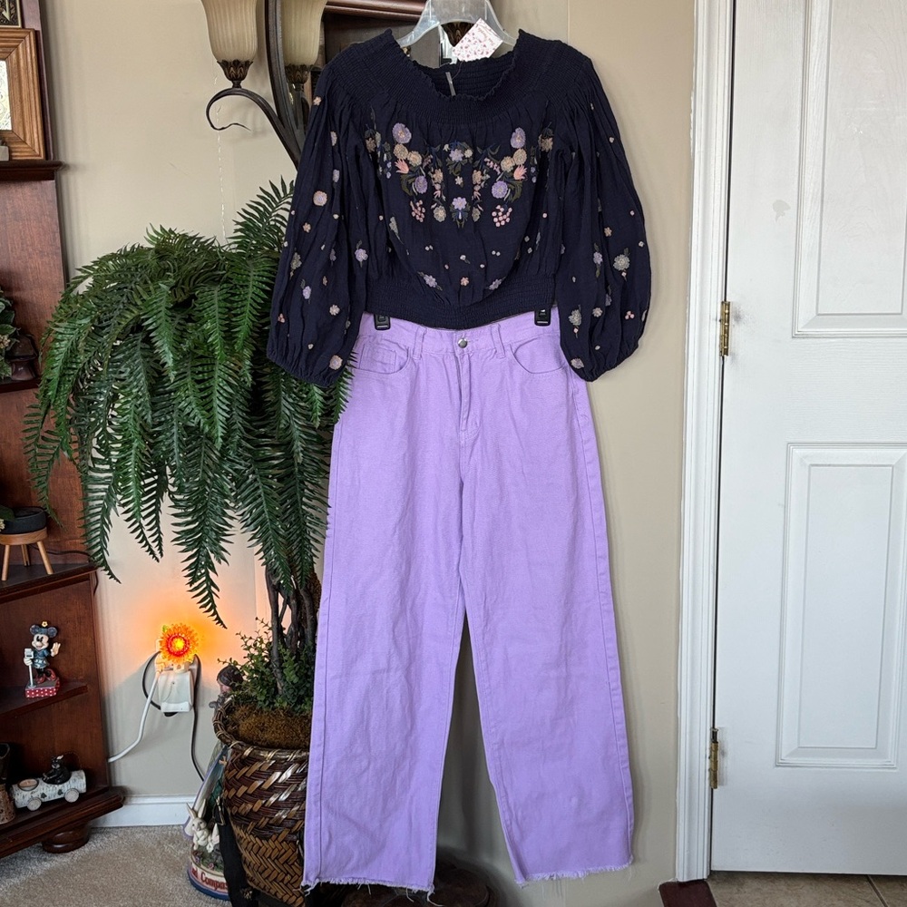 Brand New Free People Navy Floral Embroidered Off Shoulder Top & Lavender Jeans - Picture 16 of 16
